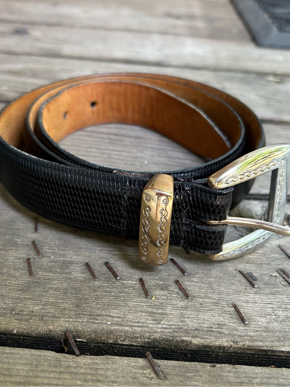 Tulliani Mens Italian Calfskin Belt Black Textured Leather Size 38 Chrome Buckle